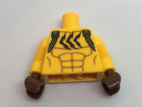 Display of LEGO part no. 973pb2576c01 which is a Bright Light Orange Torso Batman Muscles Outline with Flat Silver Shoulder Straps and 3 Jagged Cat Scratch Marks Pattern / Arms / Reddish Brown Hands 