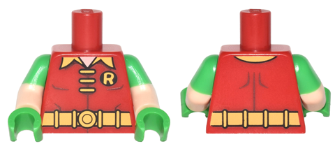 Display of LEGO part no. 973pb2625c01 which is a Red Torso Batman 'R' Symbol, 3 Yellow Clasps and Collar and Belt Pattern / Light Nougat Arms with Molded Bright Green Short Sleeves Pattern / Bright Green Hands 