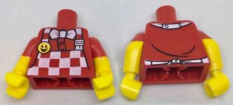 Display of LEGO part no. 973pb2696c01 which is a Red Torso Checkered Apron and White Bow Tie, Bright Light Orange Smiley Face Button Pattern / Yellow Arms with Molded Short Sleeves Pattern / Yellow Hands 
