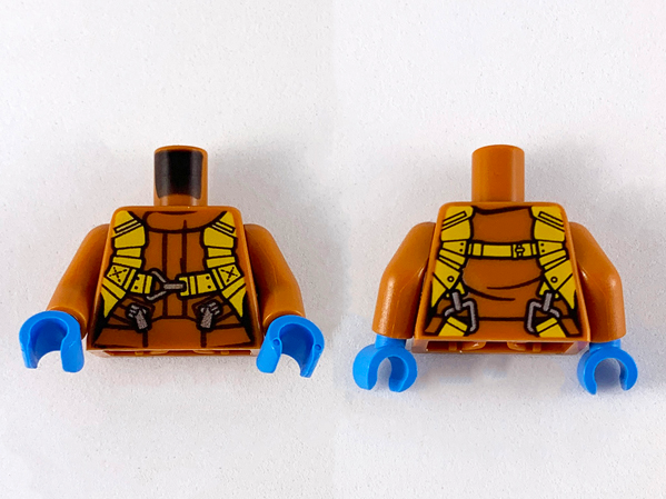Display of LEGO part no. 973pb2755c02 which is a Dark Orange Torso Pilot Suit with Safety Belts Pattern (Parka) / Arms / Dark Azure Hands 