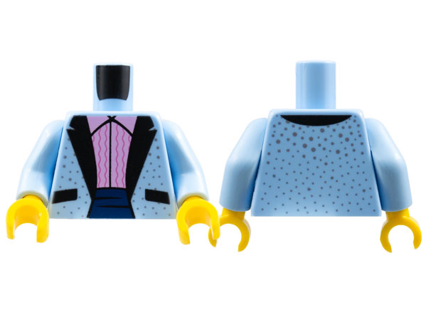 Display of LEGO part no. 973pb2846c02 which is a Bright Light Blue Torso Tuxedo Jacket with Silver Dots, Bright Pink Ruffled Shirt Pattern / Arms / Yellow Hands 