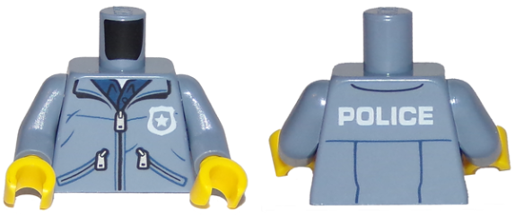 Display of LEGO part no. 973pb2915c01 which is a Sand Blue Torso Jacket with Zippers over Dark Blue Shirt with Badge and 'POLICE' Pattern / Arms / Yellow Hands 