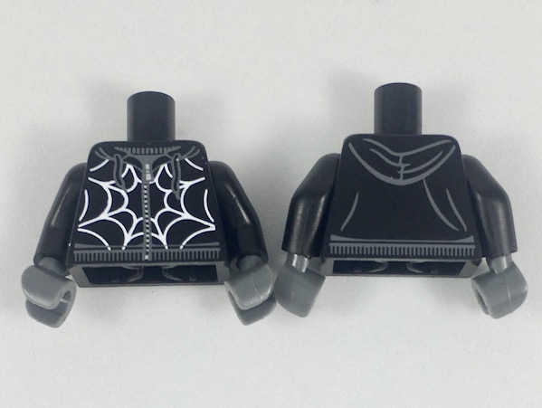 Display of LEGO part no. 973pb3073c01 which is a Black Torso Hoodie with Zipper, Dark Bluish Gray Lines, White Spider Web Pattern / Arms / Dark Bluish Gray Hands 