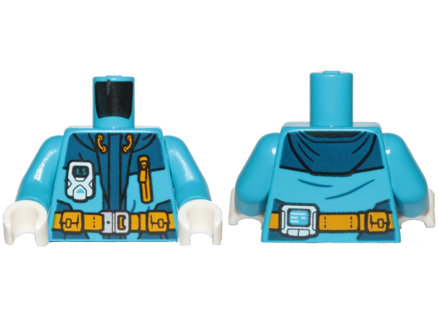 Display of LEGO part no. 973pb3142c01 which is a Dark Azure Torso Jacket with Monitor Device, Bright Light Orange Belt and Zipper Pocket Pattern / Arms / White Hands 