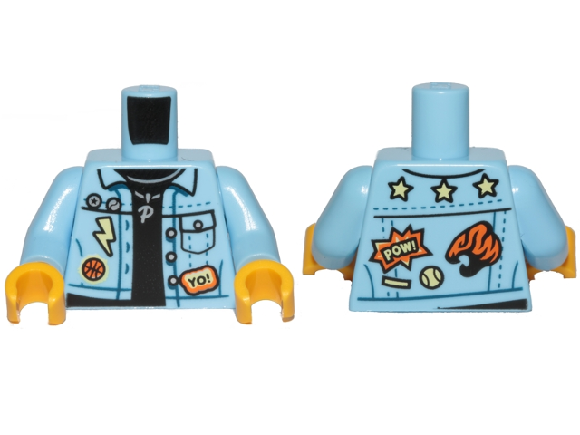 Display of LEGO part no. 973pb3668c01 which is a Bright Light Blue Torso Denim Jacket over Black Shirt with Badges, 'YO!', 'POW!' and Silver Necklace with 'P' Pendant Pattern / Arms / Yellow Hands 