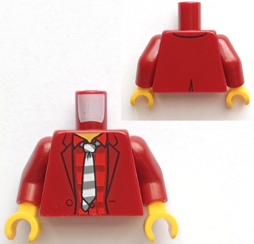 Display of LEGO part no. 973pb3757c01 which is a Dark Red Torso Suit Jacket Open, Red Striped Shirt, Dark Bluish Gray and White Tie, Yellow Neck Pattern / Arms / Yellow Hands 