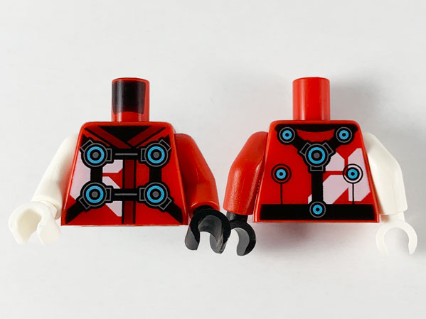 Display of LEGO part no. 973pb3805c01 which is a Red Torso Tunic, Dark Hems, Black Straps and Medium Azure Circles Pattern / Arm Left / White Arm Right / Black Hand Left / White Hand Right 