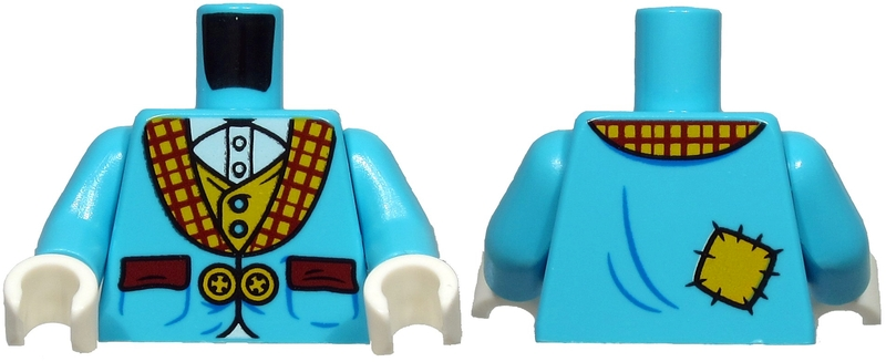 Display of LEGO part no. 973pb3848c01 which is a Medium Azure Torso Suit Jacket with 2 Yellow Buttons and Dark Red Pockets over Yellow Vest and White Shirt Pattern / Arms / White Hands 