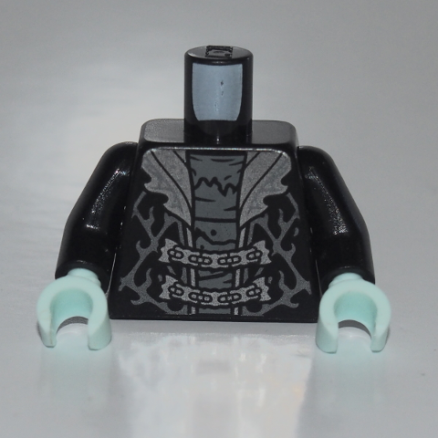 Display of LEGO part no. 973pb3950c01 which is a Black Torso Coat, Silver Lapels and Fastenings Pattern / Arms / Light Aqua Hands 