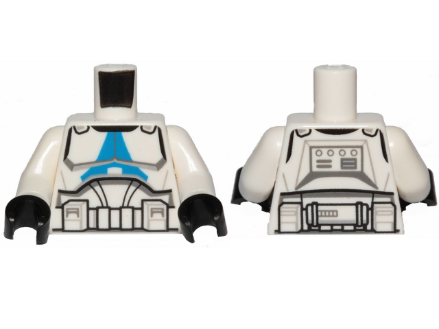 Display of LEGO part no. 973pb3972c01 which is a White Torso SW Armor Clone Trooper with Blue 501st Legion Markings Detailed Pattern (Clone Wars) / Arms / Black Hands 