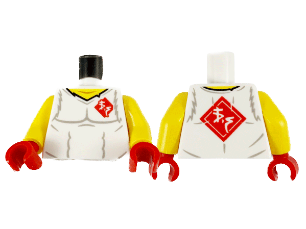 Display of LEGO part no. 973pb4148c01 which is a White Torso Shirt with Muscles Outline, Torn Collar, Yellow Neck, and Red Diamond with Ninjago Logogram 'VS' Pattern / Yellow Arms / Red Hands