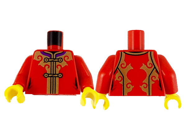 Display of LEGO part no. 973pb4161c01 which is a Red Torso Tang Jacket with Dark Purple Collar, Gold Trim and Ties Pattern / Arms / Yellow Hands