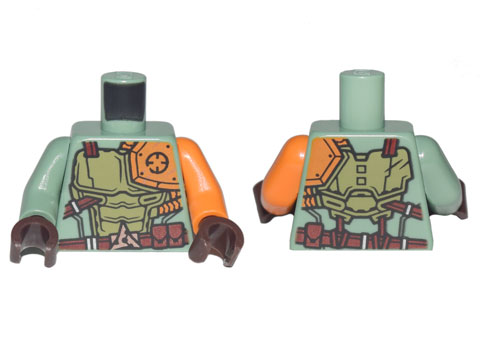 Display of LEGO part no. 973pb4189c01 which is a Sand Green Torso Ninjago Olive Green and Orange Body Armor with Dark Red Belt and 3 Pouches Pattern / Orange Arm Left / Arm Right / Dark Brown Hands 