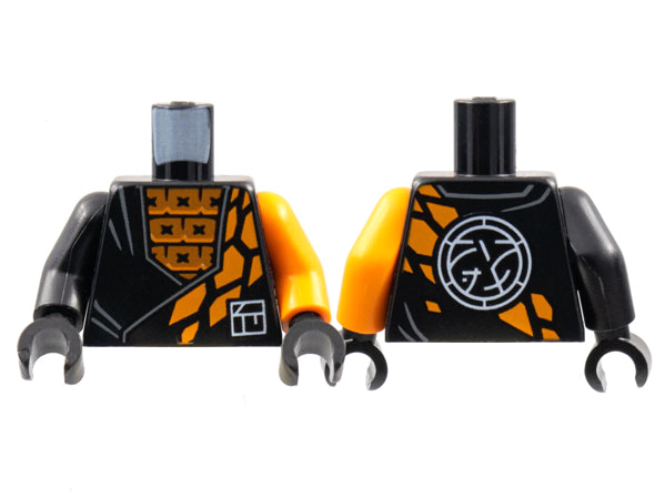 Display of LEGO part no. 973pb4580c01 which is a Black Torso Tunic over Orange Squares, Stone Scales, White Ninjago Logogram Letter C, Core Logo on Back Pattern / Orange Arm Left / Arm Right / Hands 