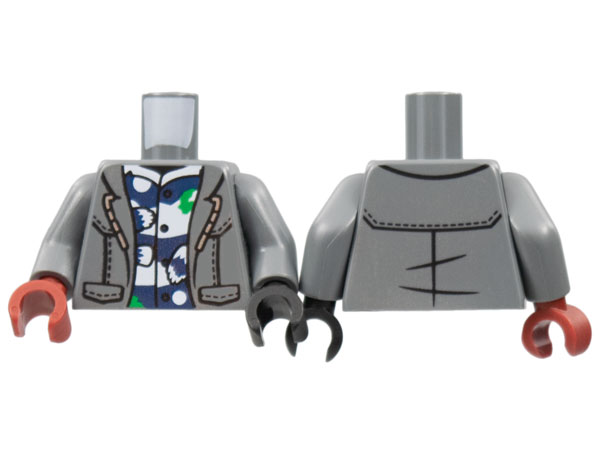 Display of LEGO part no. 973pb4712c01 which is a Dark Bluish Gray Torso Jacket Open over Dark Blue and White Shirt Pattern / Arms / Black Hand Left / Dark Red Hand Right 