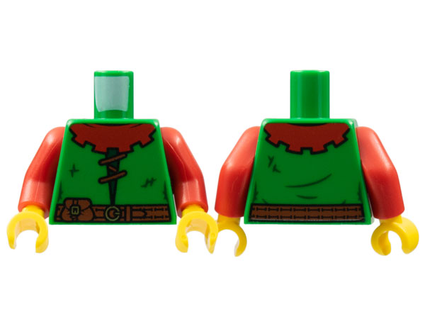 Green LEGO part Torso Castle Forestman Red Collar, Reddish Brown Lacing and Belt with Pouch, Dark Green Stitches, Gold Buckles Pattern / Red Arms / Yellow Hands