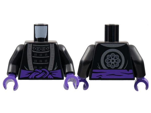 Display of LEGO part no. 973pb4758c01 which is a Black Torso Robe with Silver Hem over Armor, Dark Purple Sash, Flower Emblem on Back Pattern / Arms / Dark Purple Hands 