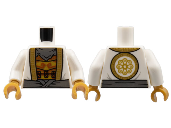 Display of LEGO part no. 973pb4782c01 which is a White Torso Robe with Gold Hem, Dark Bluish Gray Bandana and Sash, Armor with Dark Orange Trim Pattern / Arms / Pearl Gold Hands 