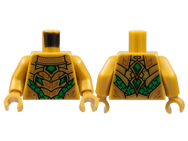 Display of LEGO part no. 973pb4824c01 which is a Pearl Gold Torso Plate Armor, Green Scales, Dark Orange Trim Pattern / Arms / Hands 