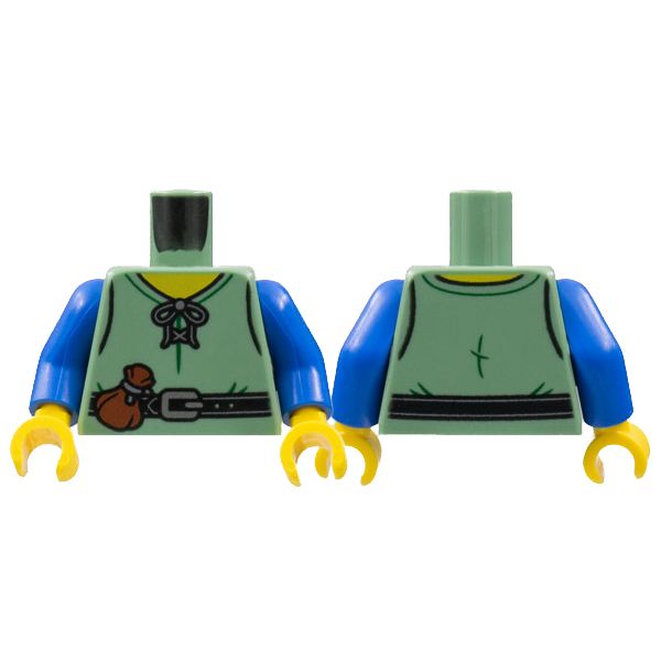 LEGO Minifigure Part 973pb4839c01 Torso Laced Shirt, Yellow Neck, Black Belt, Silver Buckle, Reddish Brown Pouch Pattern / Blue Arms / Yellow Hands