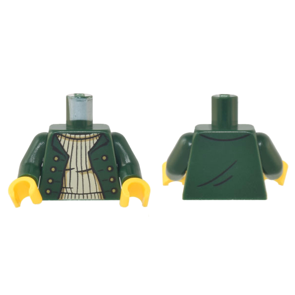 Dark Green LEGO Part 973pb4947c01 Torso Open Jacket with 8 Gold Buttons over Tan Sweater Pattern / Dark Green Arms / Yellow Hands