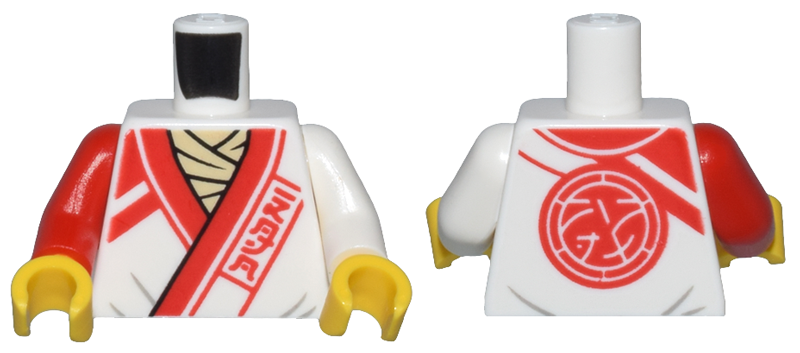 Display of LEGO part no. 973pb5051c01 which is a White Torso Robe with Red Trim, Lines, and Ninjago Logogram 'DOJO' over Tan Shirt, Core Logo on Back Pattern / Arm Left / Red Arm Right / Yellow Hands 