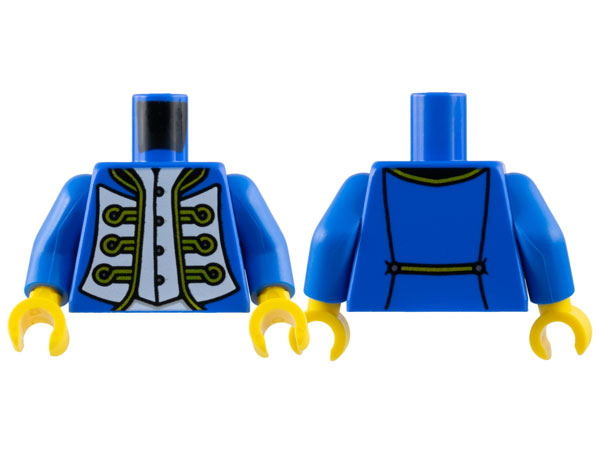 Display of LEGO part no. 973pb5293c01 which is a Blue Torso Pirate Imperial Governor Coat with White Panels and Black and Gold Trim over Vest with Buttons Pattern / Arms / Yellow Hands 