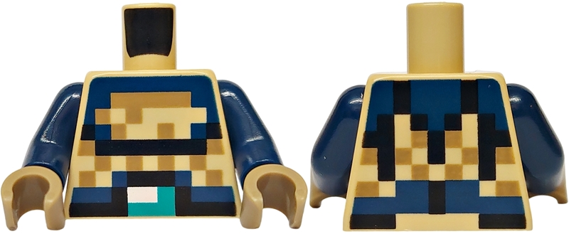 Display of LEGO part no. 973pb5843c01 which is a Tan Torso Pixelated Black, Dark Blue and Dark Armor, Dark Turquoise Belt Buckle Pattern / Dark Blue Arms / Dark Hands 