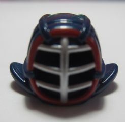 Display of LEGO part no. 98130pb02 which is a Dark Blue Minifigure, Headgear Helmet Ninjago Kendo with Silver Grille Mask and Dark Red Trim Pattern 