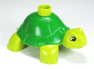 Display of LEGO part no. 98197pb01 which is a Lime Duplo Tortoise with Green Back Pattern 