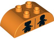 Display of LEGO part no. 98223pb009 which is a Orange Duplo, Brick 2 x 4 Slope Curved Double with Black Girl and Boy Figure Silhouettes (Unisex Restroom) Pattern 