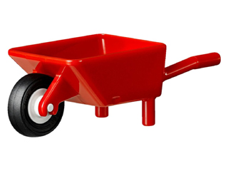 Display of LEGO part no. 98288c01 which is a Red Minifigure, Utensil Wheelbarrow with White Pulley Wheel with Black Tire 14mm D. x 4mm Smooth Small Single with Number Embossed on Side (98288 / 3464c03) 