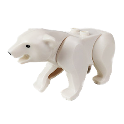 Display of LEGO part no. 98295c01pb01 which is a White Bear with 2 Studs on Back with Black Eyes and Nose Pattern (Polar Bear)