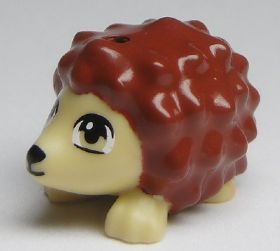 Display of LEGO part no. 98389pb01 which is a Tan Hedgehog, Friends with Black Eyes and Nose and Reddish Brown Spines Pattern (Oscar) 