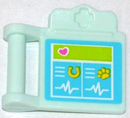 Display of LEGO part no. 98393bpb01 which is a Light Aqua Friends Accessories Medical Clipboard with Bar Handle with Pink Heart, Yellow Horseshoe, Paw Print and White Heart Monitor Lines Pattern (Sticker), Set 3188 