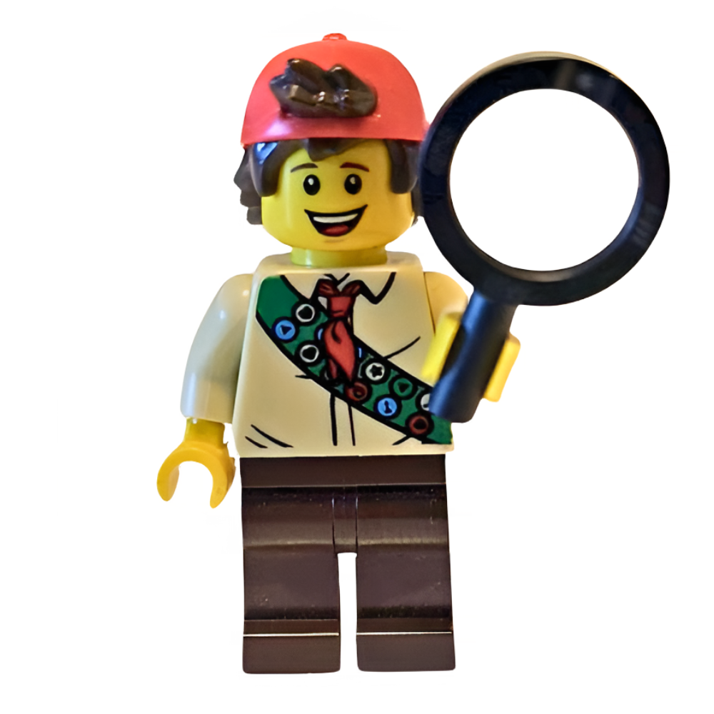 Display of LEGO BAM Boy Scout with Magnifying Glass