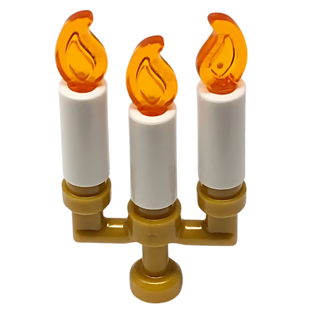 Display of LEGO part no. 73117 Minifigure, Utensil Candlestick / Candelabra which is a Pearl Gold Minifigure, Utensil Candlestick / Candelabra