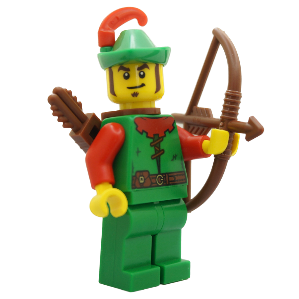 Display of LEGO Castle Forestmen Forestman - Red, Green Hat, Red Feather, Quiver, Sideburns Minifigure cas557