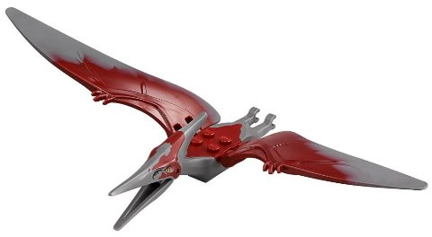 Display of LEGO part no. Ptera04 which is a Dark Bluish Gray Dinosaur Pteranodon with Dark Red Back and Large Curved Nostrils 