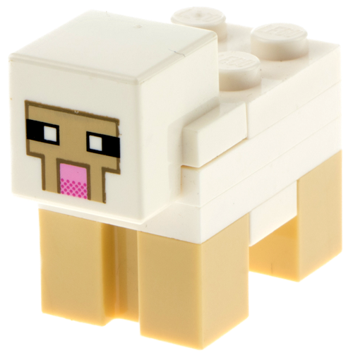 Display of LEGO part no. minesheep01 which is a White Minecraft Sheep, White, Plate 2 x 2 on Back - Brick Built