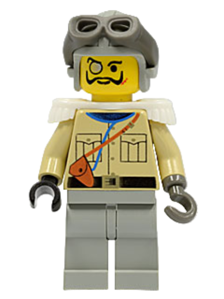 This LEGO minifigure is called, Lord Sam Sinister / Baron von Barron, Tan Shirt, Light Gray Legs, Light Gray Aviator Cap, Dark Gray Goggles, White Epaulettes . It's minifig ID is adv005.