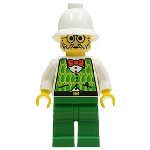 This LEGO minifigure is called, Dr. Kilroy, Green Vest, Green Legs . It's minifig ID is adv035.