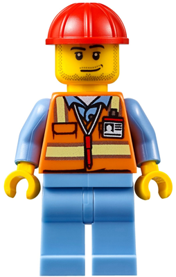 This LEGO minifigure is called, Orange Safety Vest with Reflective Stripes, Medium Blue Legs, Red Construction Helmet, Smirk and Stubble Beard . It's minifig ID is air050.