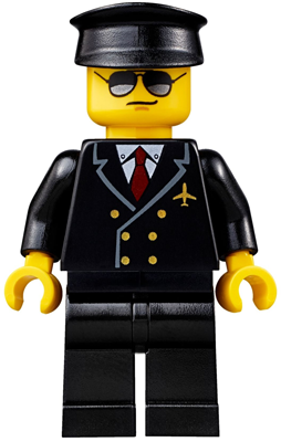 This LEGO minifigure is called, Airport, Pilot, Black Legs, Red Tie and 6 Buttons, Black Hat, Black and Silver Sunglasses . It's minifig ID is air055.