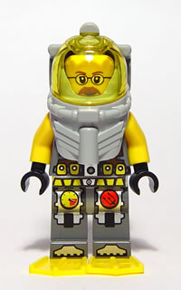 This LEGO minifigure is called, Atlantis Diver 6, Jeff Fisher, With Yellow Flippers and Trans-Yellow Visor . It's minifig ID is atl014.