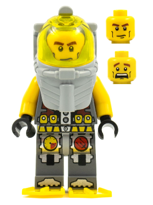 This LEGO minifigure is called, Atlantis Diver 1, Axel, With Yellow Flippers and Trans-Yellow Visor . It's minifig ID is atl016.