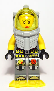 This LEGO minifigure is called, Atlantis Diver 5, Samantha Rhodes, With Yellow Flippers and Trans-Yellow Visor . It's minifig ID is atl022.