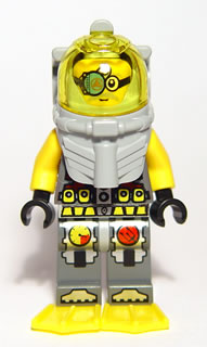 This LEGO minifigure is called, Atlantis Diver 7, Brains, With Yellow Flippers and Trans-Yellow Visor . It's minifig ID is atl023.