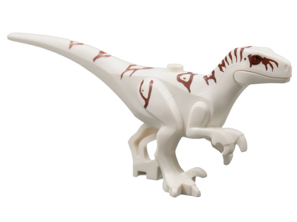 Display of LEGO part no. atrocira02 which is a White Dinosaur Atrociraptor with Reddish Brown Markings and Red Eyes 
