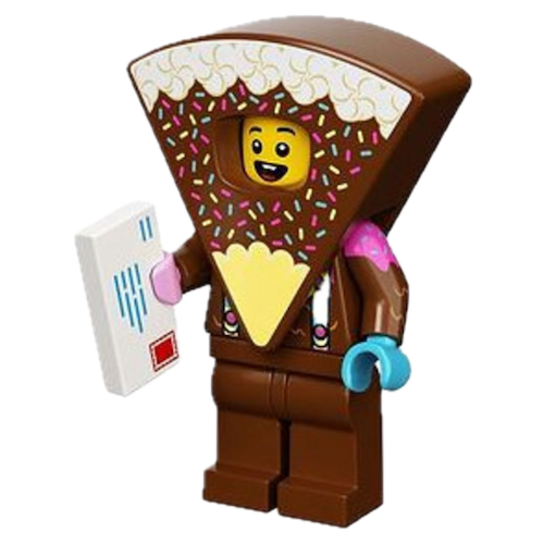Display of LEGO Minifigure BAM Chocolate Suit Guy with letter